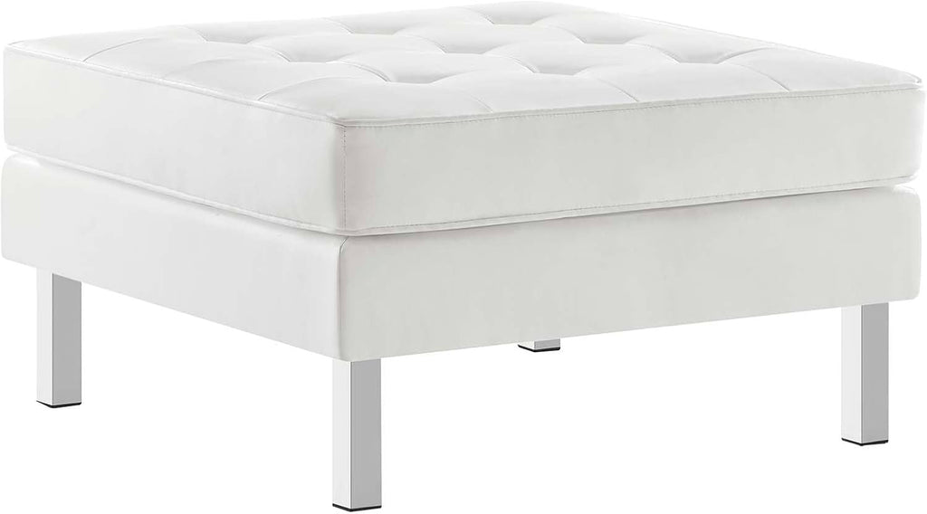 Modway Loft Tufted Button Faux Leather Upholstered Square Ottoman in Silver White