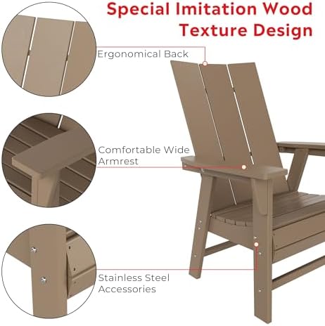 Costaelm Fire Pit Chairs, Outdoor Chair HDPE Adirondack Chair, Modern Patio Porch Chair, Front Porch Backyard Deck Outside Chairs, Weathered Wood