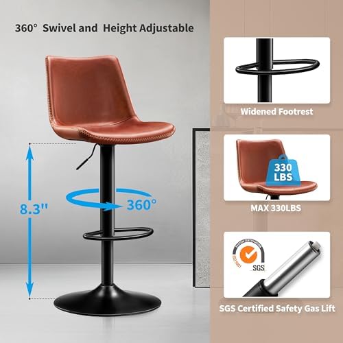 STOOLINK Vintage Bar Stools with Back, Adjustable Bar Stools Set of 2