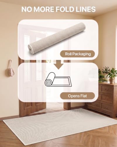Door Mat Indoor Entrance, 5' x 7' Ultra Thin Non Slip Large Doormat with Rubber Backing, Low Profile Easy Clean Dirt Trapper Mat for Entryway Front Door Patio Porch, Beige