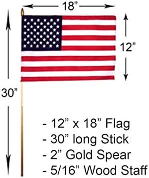 GIFTEXPRESS 12-Pack 12x18" American Stick Flags – Made in USA, Handheld with 30" Wooden Pole & Gold Spear Tip, Patriotic Grave Marker Flags for Memorial Day, 4th of July, Veterans Day, Parade Use