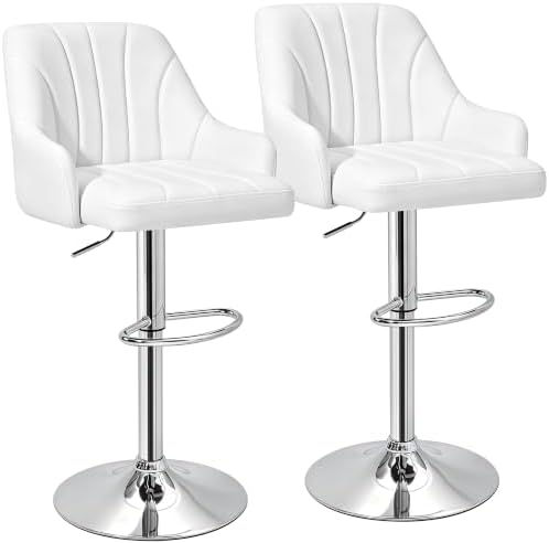 VECELO Bar Stools Set of 2, Adjustable Barstools, Counter Height Stools with Back and Arm, Kitchen Island Stools, Swivel PU Leather Stools, Modern Style, White