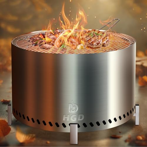 HGD 28" Smokeless Fire Pit with Stand & Grill Rack, Large Stainless Steel Wood Burning Firepit with Secondary Combustion, Backyard Patio Stove for Outdoor, Garden, BBQ & Bonfire (Silver)