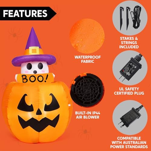 Joiedomi 5ft Tall Halloween Animated Inflatables Outdoor Decorations, Inflatable Ghost on Pumpkin with LEDs, Cute Blow Up Pumpkin Ghost Decor for Outside Yard Outdoor Lawn Garden Party Decoration