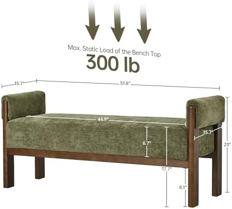 VKNOW 51.8”End of Bed Bench Upholstered Bedroom Bench with Arms, Green