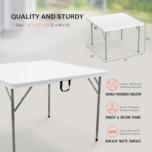 VINGLI 42" Fold in Half Square Table, Bi-Folding Commercial Portable Plastic Dining Table for Kitchen Outdoor Party Wedding Event, White