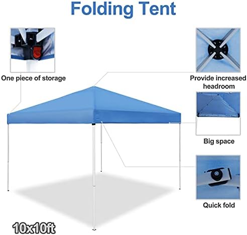 JupiterForce 10 x 10 Pop Up Height Adjustable Canopy Tent Sun Protection Waterproof Instant Shelter Portable Folding Canopy with Ropes Stakes Roller Carry Bag, Blue