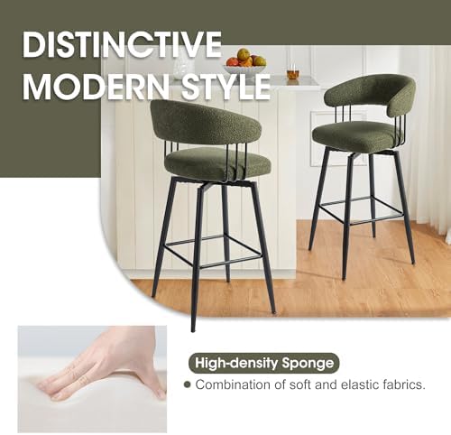 Glitzhome Swivel Bar Stools Set of 2, 31.5 Inch Seat Height Modern Mid Century Hunter Green Fabric Barstools with Metal Legs, Upholstered Bar Height Bar Chairs for Kitchen Pub Dining Room