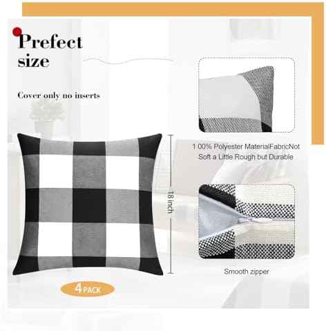5 Pcs Buffalo Plaid Set 4 Pillow Covers 1 Rug,Black and White
