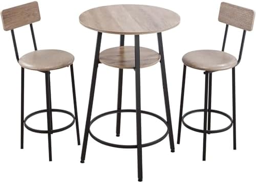 VEVOR Bar Table and Chairs Set, 3PCS 23.5″ Bars Tables Set with Rounded Corner Design, Round Pub Table with Two Stools for Office Desk, Breakfast Corner, Mini Bars, Light Gray, Black