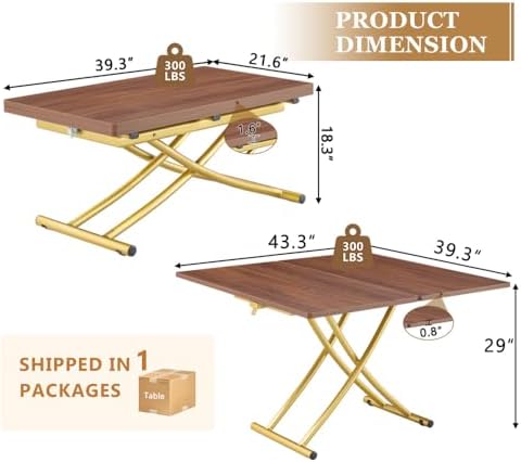 Adjustable Height Coffee Table, Folding Dining Table, Walnut&Gold