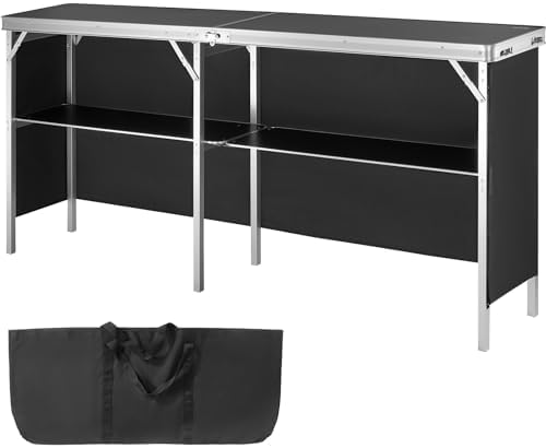 VEVOR Extra Long Folding Portable Bar Tradeshow Podium Table for Indoor, Outdoor, Party, Picnic, Exhibition, Includes Carrying Case, Storage Shelf and Black Skirt, 77.95" x 15.16" x 34.65"