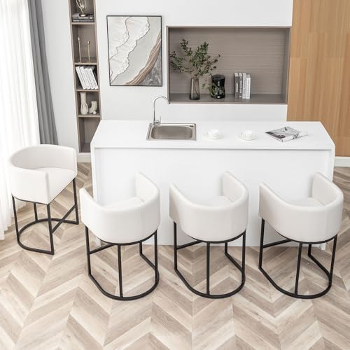 Bar Stools Set of 2, Modern Barstools with Back, Barrel Bar Chairs with Metal Frames, for Kitchen Island, Pub, Club (Beige)