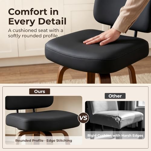 Counter Height Bar Stools Set of 2, 26+inch Swivel Faux Leather Barstool with Back, Upholstered Mid-Century Modern Bar Chairs with Bent Wood Legs for Kitchen Counter, Dining Room