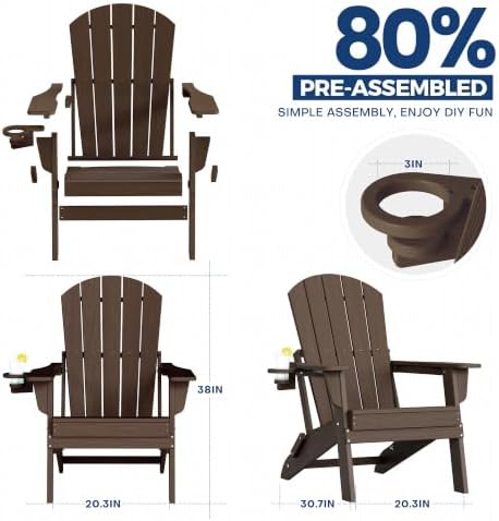 HDPE Folding Adirondack Chair with Cup Holder, Coffee
