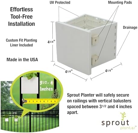 Railing Planter 5-Pack, White (4-inch) | Tool-Free Space-Saving Floating Flower Pots for Balcony Railings | Vertical Garden Railing Planters | UV-Protected, Made in USA