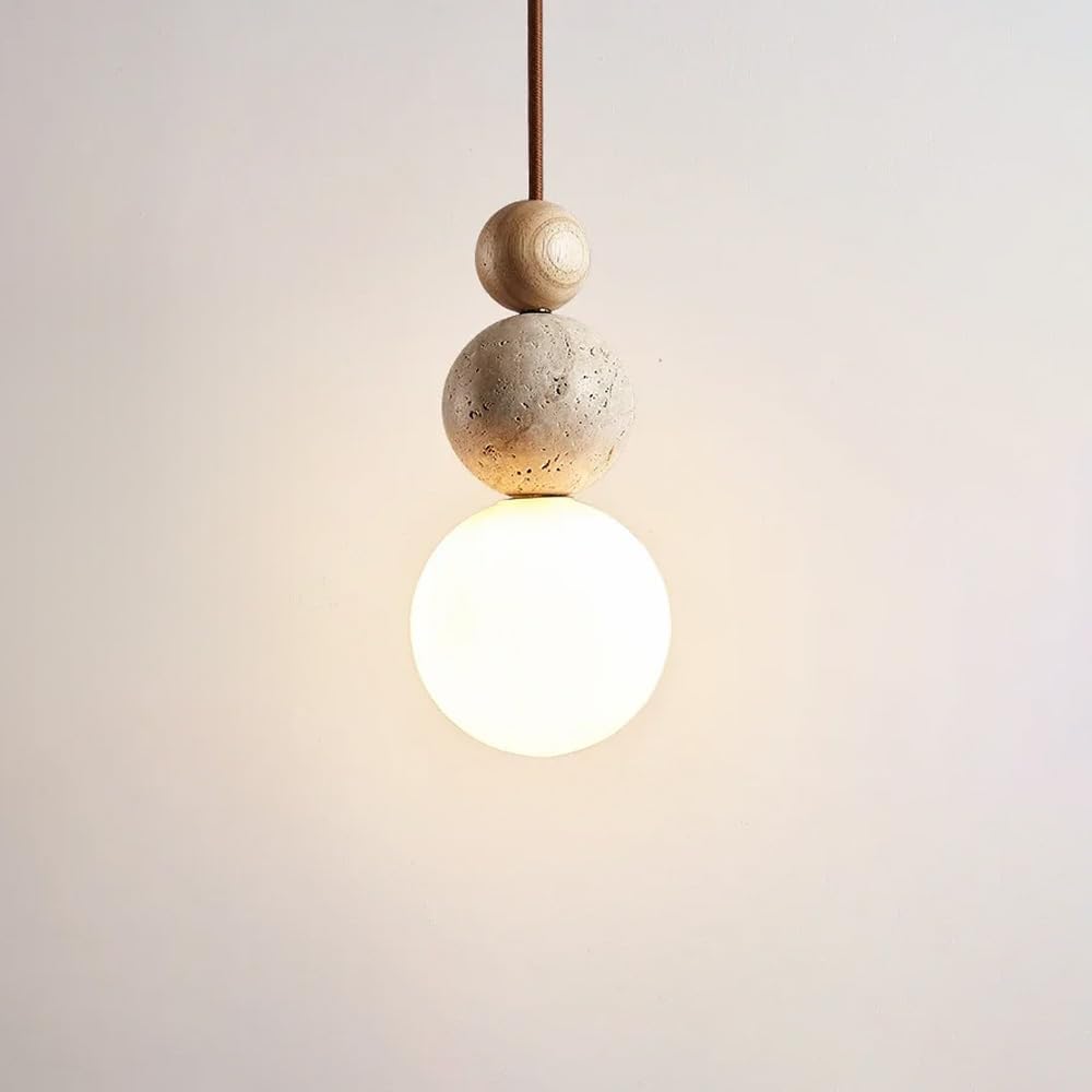 Modern Natural Stone Pendant Light, Frosted White Glass Spherical Hanging Light, Indoor Suspension Pendant Lamp for Bedroom Kitchen Island Dining Room Bar