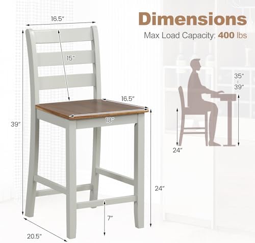 GIANTEX Counter Height Bar Stools Set of 4, 24" Farmhouse Bar Dining Chairs with Backs, Rubber Wood Footrest, Acacia Wood Legs, Wooden Barstools for Kitchen Island Pub Restaurant, Light Grey