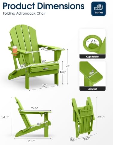 MUCHENGHY Folding Adirondack Chairs, HDPE Patio Chair, Lemon Green