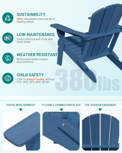 PLUUV Adirondack Chair Set of 2, Fire Pit Chairs with Cup Holder, Navy