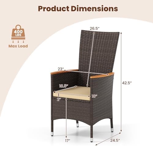 Tangkula High Back Rattan Patio Dining Chairs Set of 2, Outdoor Wicker Dinner Cushioned Chairs with Acacia Wood Armrests, Outside Bistro Chairs for Backyard, Porch, Balcony