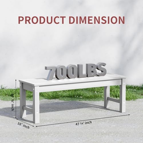 Psilvam 47" Backless Outdoor Bench for 2-Person, 700 LBS Capacity, White