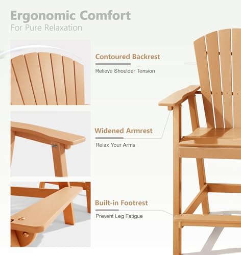 PASAMIC Tall Adirondack Chair Set of 2, All-Weather HDPE Outdoor Chairs with Removable Double Trays, Bar Height Adirondack Chairs for Balcony, Deck, Patio, Backyard, Orange