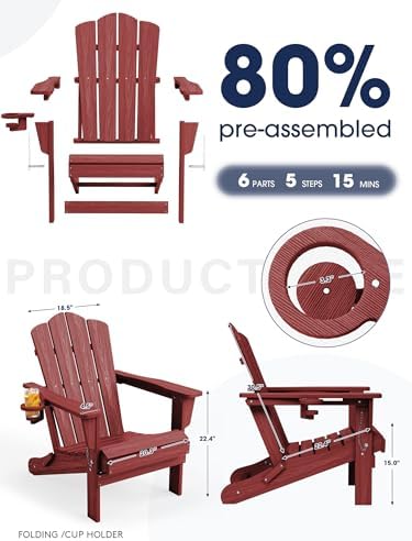 KINGYES Folding Adirondack Chair Set of 2 with Cup Holder, Red