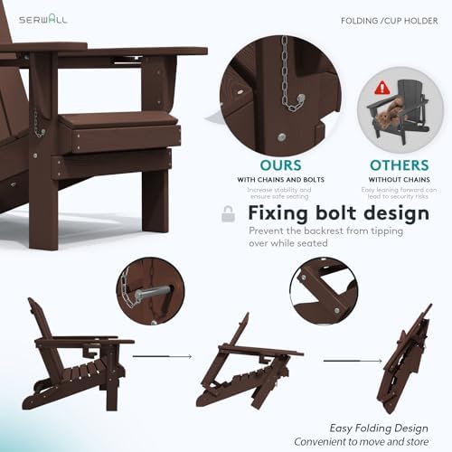 SERWALL Outdoor Adirondack Chair Set of 4 with Cup Holders,Foldable,Coffee