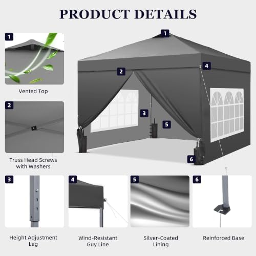 10x10ft Pop-Up Canopy Tent with 4 Side Walls — Easy Setup, Outdoor Portable Gazebo with 4 Ropes, 8 Stakes, 4 Sandbags and Handbag, for Patio, Camping and Picnic, Gray