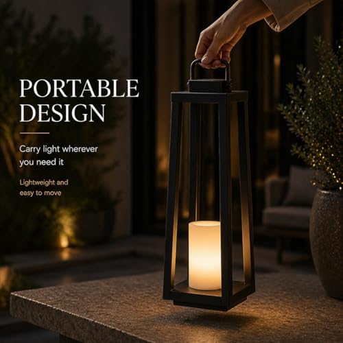 Integrated LED Solar Lantern Outdoor Large H24 Inch Black Metal Decorative Solar Light with Flickering Candle Waterproof Patio Lantern for Garden Pathway Porch Yard