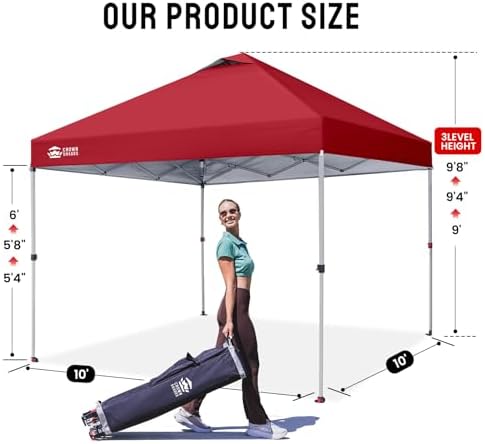 CROWN SHADES 10x10 Pop Up Canopy Tent with One Push Setup, Red