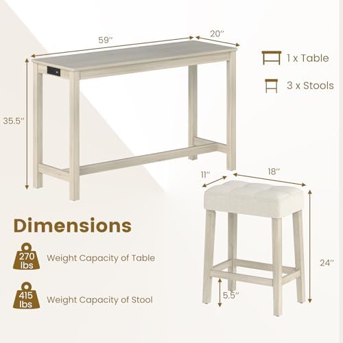 COSTWAY 4-Piece Breakfast Nook Bar Set with Built-in Charging Station