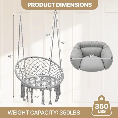 Monibloom Hanging Hammock Chair with Cushion, Macrame Swing Chair, Gray