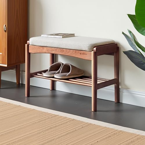 Solid Wood Shoe Bench, 24 Inch Entryway Bench with Light Gray Cushion