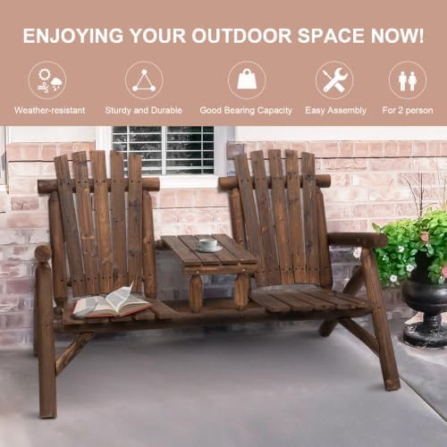 Outsunny 2-Seat Wooden Adirondack Chair Patio Bench with Table Carbonized