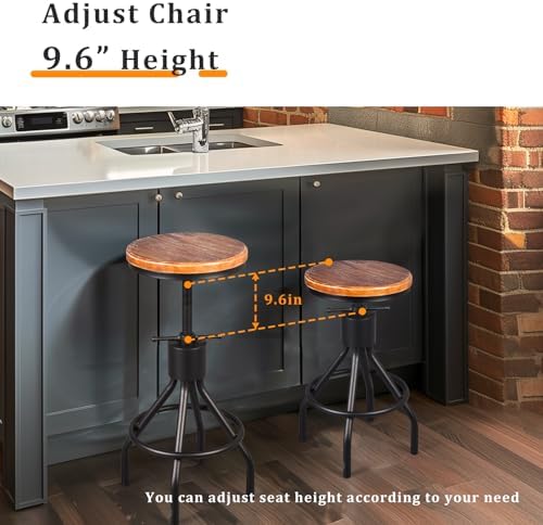 LOKKHAN Set of 2 Industrial Bar Stool-Height Adjustable Swivel Wood and Metal Bar Stool,Farmhouse Stool,Extra Tall Pub Height,23"-29"