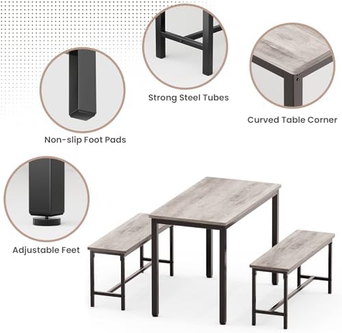 Dining Table Set for 4, 3 Piece Dining Room Table Set for Space-Saving, Modern Kitchen Table with 2 Benchs for Apartment Breakfast Nook and Samll Space, Grey