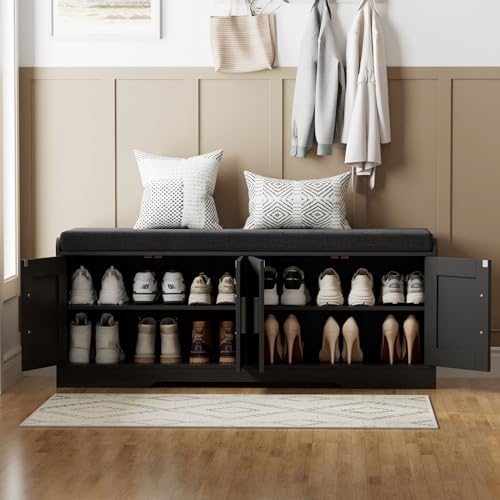 Homleke Shoe Storage Bench, 4 Doors & Thickened Padded Seat Cushion