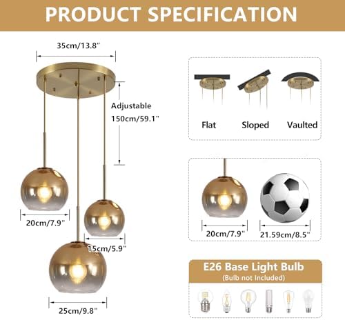 KCO Modern 3-Light Gradient Gold Glass Globe Cluster Pendant Light Fixture