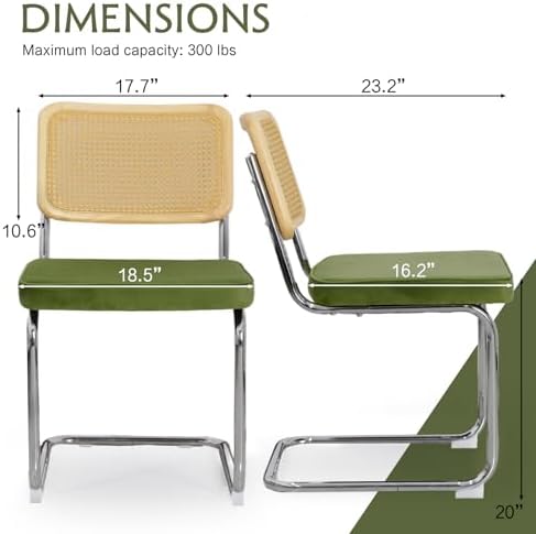 Rattan Dining Chairs Set of 6,Velvet Cushion Kitchen Cesca Chairs,Green