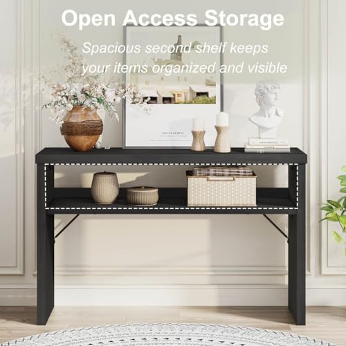 BON AUGURE Black Console Table, 47In Entryway Table with Fluted Open Shelf