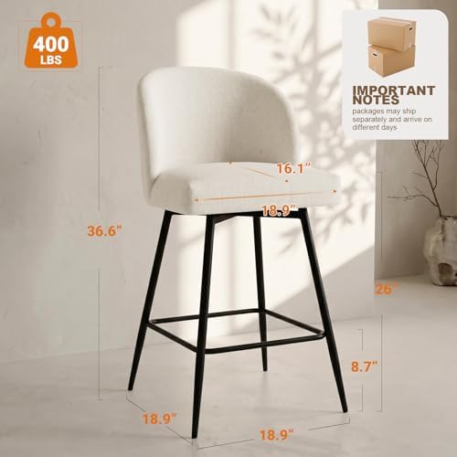 Counter Height Bar Stools Set of 3, 360° Swivel Upholstered Barstools with Backs and Metal Legs, 26" H Seat Height, Linen Fabric in Beige