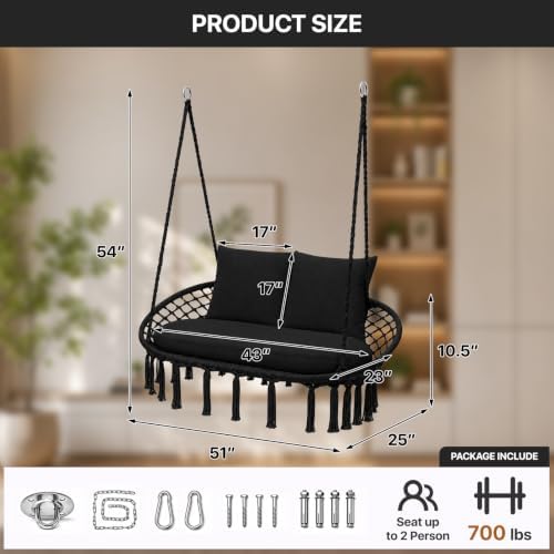 Athena Collection 2-Person Hammock Chair with Mounting Hardware Kit, Black