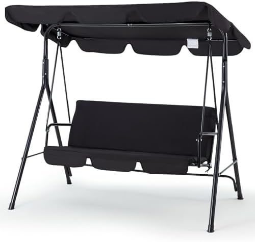 Esright 3-Seat Outdoor Porch Swing Chair with Adjustable Canopy, Balck