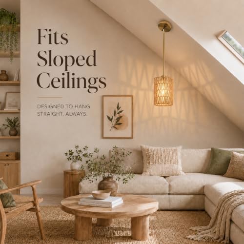 6inch gold rattan pendant light, 2-in-1 boho hanging, front angle view