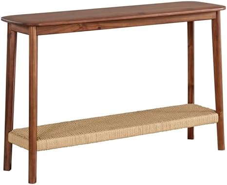 Calais Solid Wood Console Table with Woven Storage Shelf, Chestnut, 48 Inch
