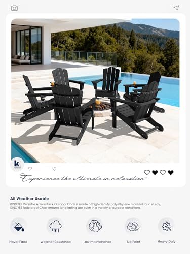 KINGYES Folding Adirondack Chair, All-Weather HDPE Material, Black, 2 Pack