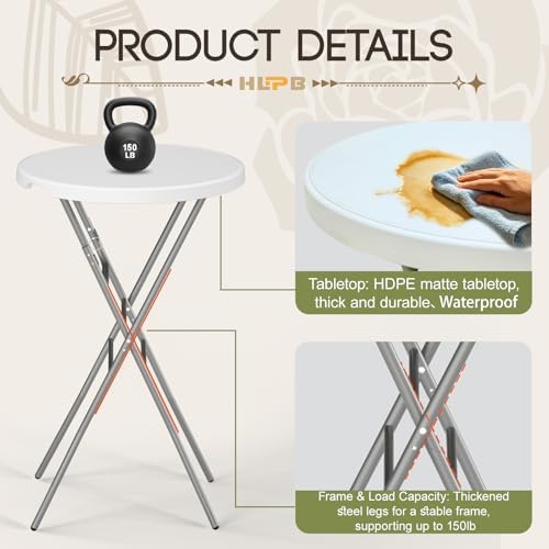 28" Round Folding Table with Cover,2Pcs Foldable Cocktail Table with Handle