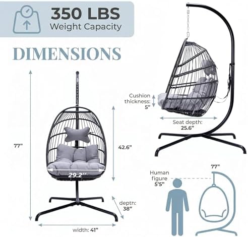 NICESOUL Swing Egg Chair Outdoor Indoor, Patio Wicker Hanging Egg Chairs with Stand, Swinging Hammock with Padded Cushions, 350lbs Sturdy Egg-Shaped Seating for Porch Bedroom Balcony Xmas Gift, Grey